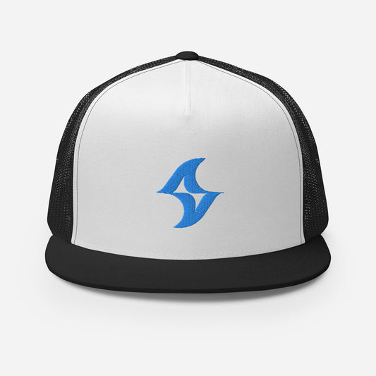 Flat Billed Cap - Black & White (Aqua Logo) 2.0