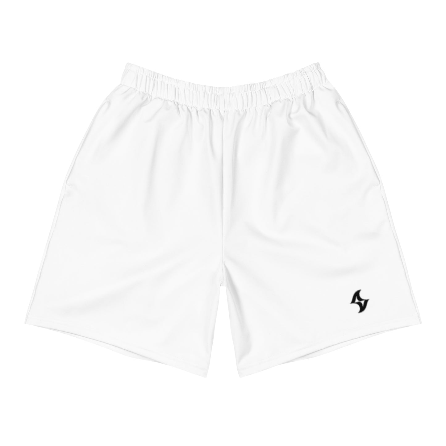 Mens Athletic Long Shorts: White w/ Black Logo