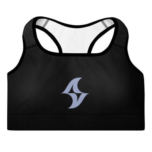 Womens Padded Sports Bra: Thunderbolt Black w/ Oceans Purple Logo