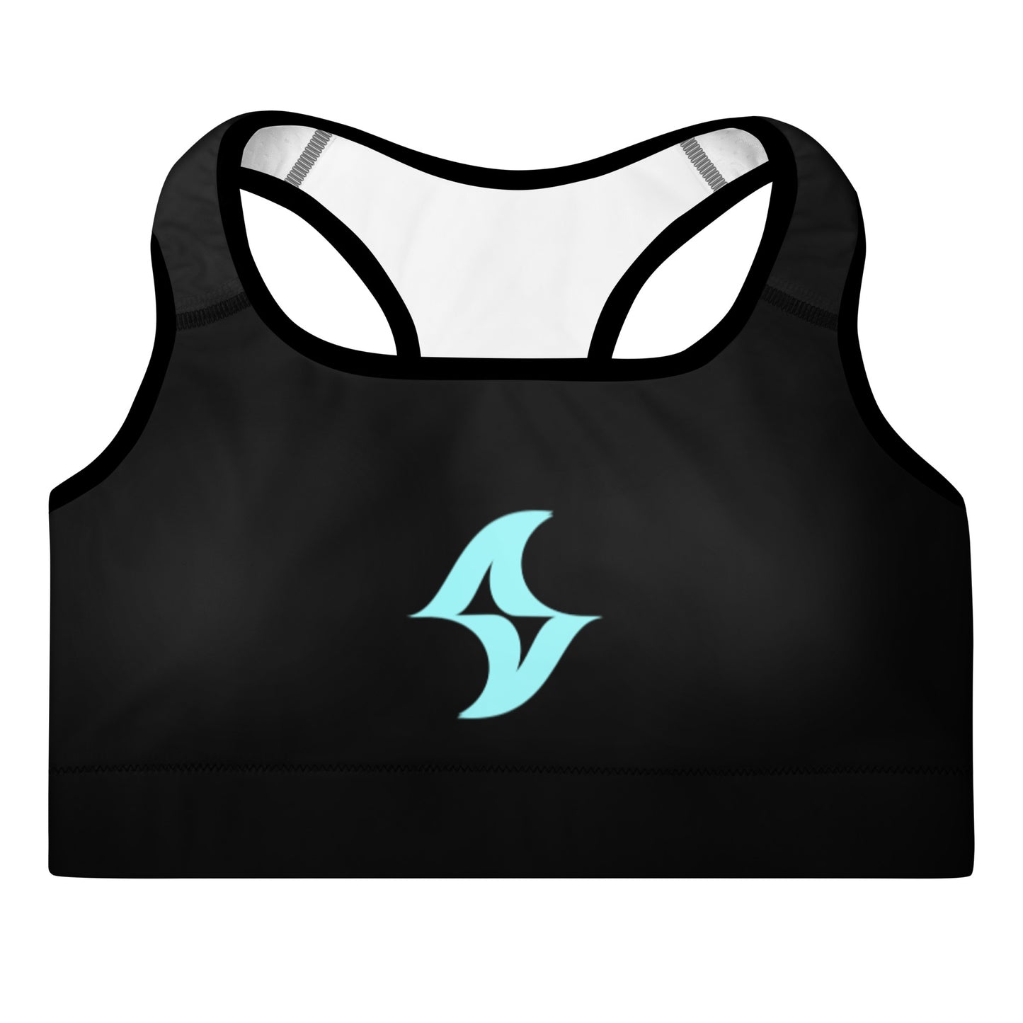 Womens Padded Sports Bra: Thunderbolt Black w/ Ice Blue Logo