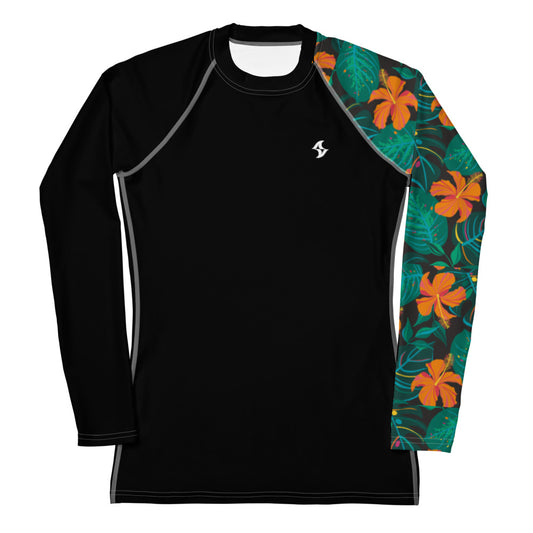 Womens Rash Guard: Orange Hibiscus