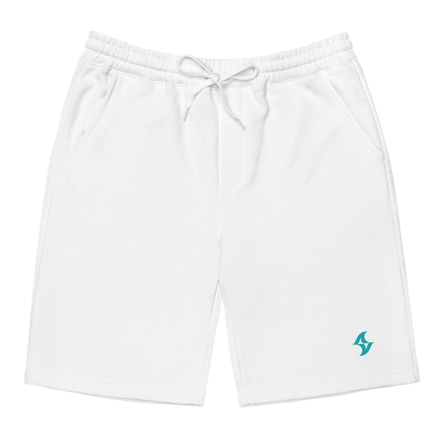 Men's White Fleece Shorts: Teal Evolve Logo