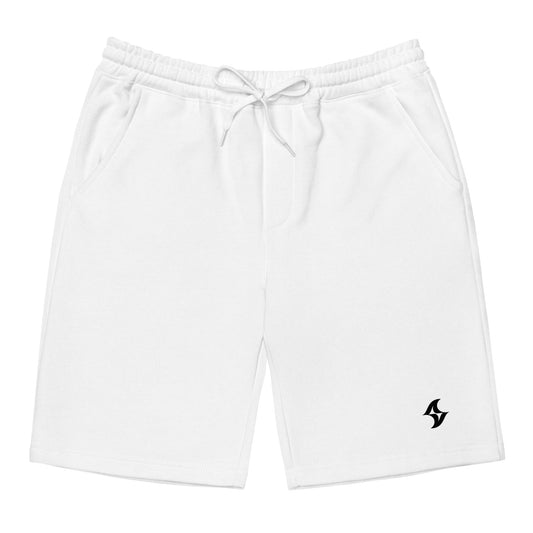 Men's White Fleece Shorts: Black Evolve Logo